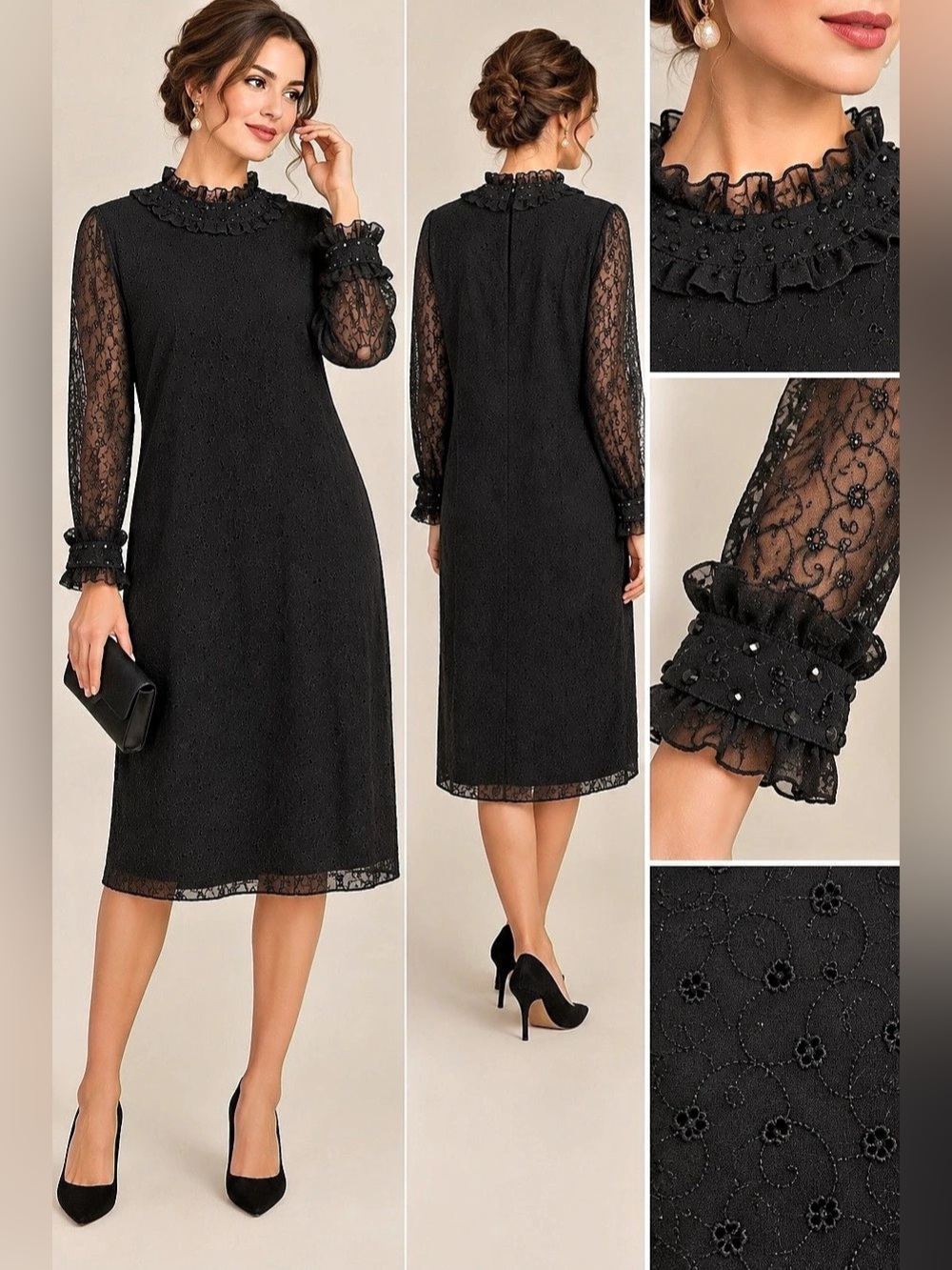 Gene Roye Vintage Black 100% Silk Embroidered Midi Dress Size 10